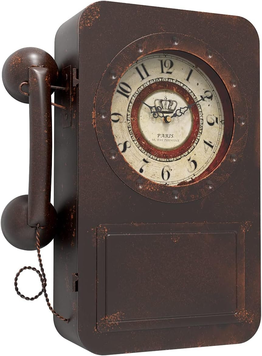 Abdurey Retro Old Telephone Wall Clock with Hidden Safe, Battery Operated Quartz Metal Wall Clocks, Large Rectangular Vintage Decor Clocks, for Farmhouse, Living Room(16″ H x 12″ W x 4″ D)