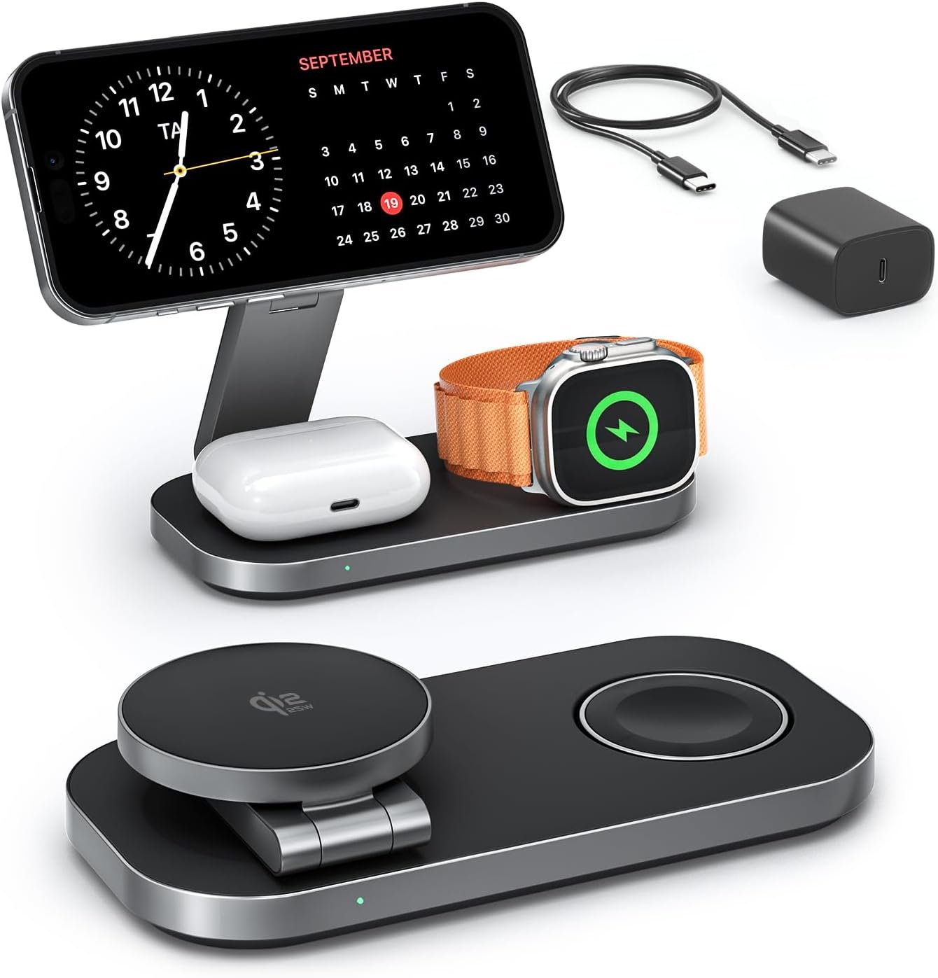 3-in-1 Charging Station for Apple Device, Qi2 25W Certified Magnetic Wireless Foldable Fast Charger Stand Compatible with MagSafe for iPhone 17e/17/16/15/14/13/12/Air Series, Apple Watch & AirPods