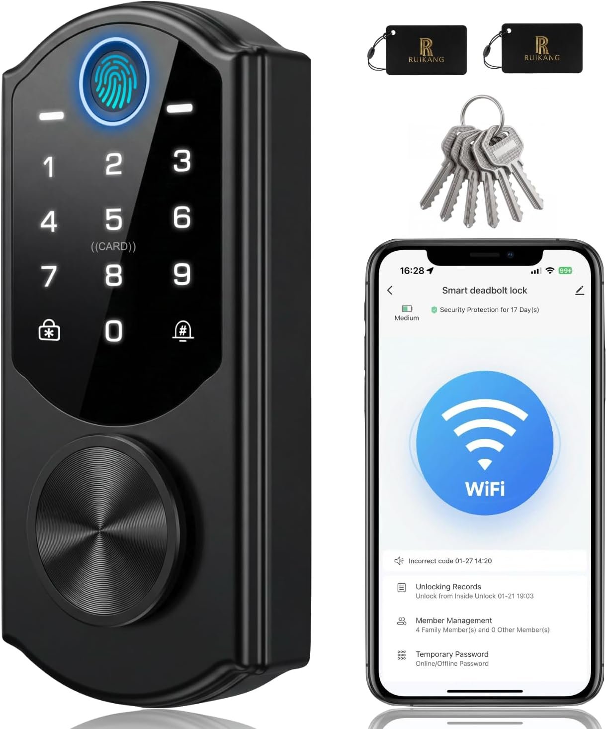Keyless Entry Door Lock with Built-in WiFi, Fingerprint Smart Lock for Front Door, Touchscreen Keypad Deadbolt, App Remote Control, Auto Lock, Easy Installation