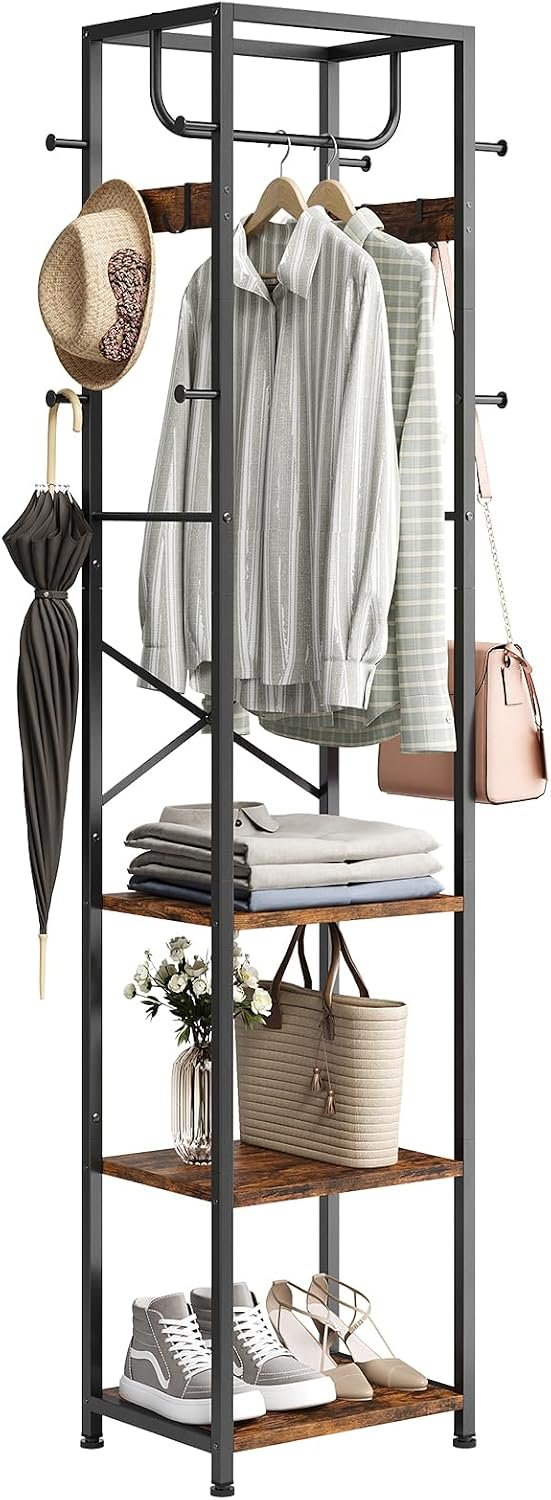 ELYKEN Coat Rack Freestanding, Hall Tree with 3 Storage Shelves and 12 Hooks, Industrial Clothes Rack Stand Organizer for Bedroom, Hallway, Entryway, Office, Living Room, Rustic Brown