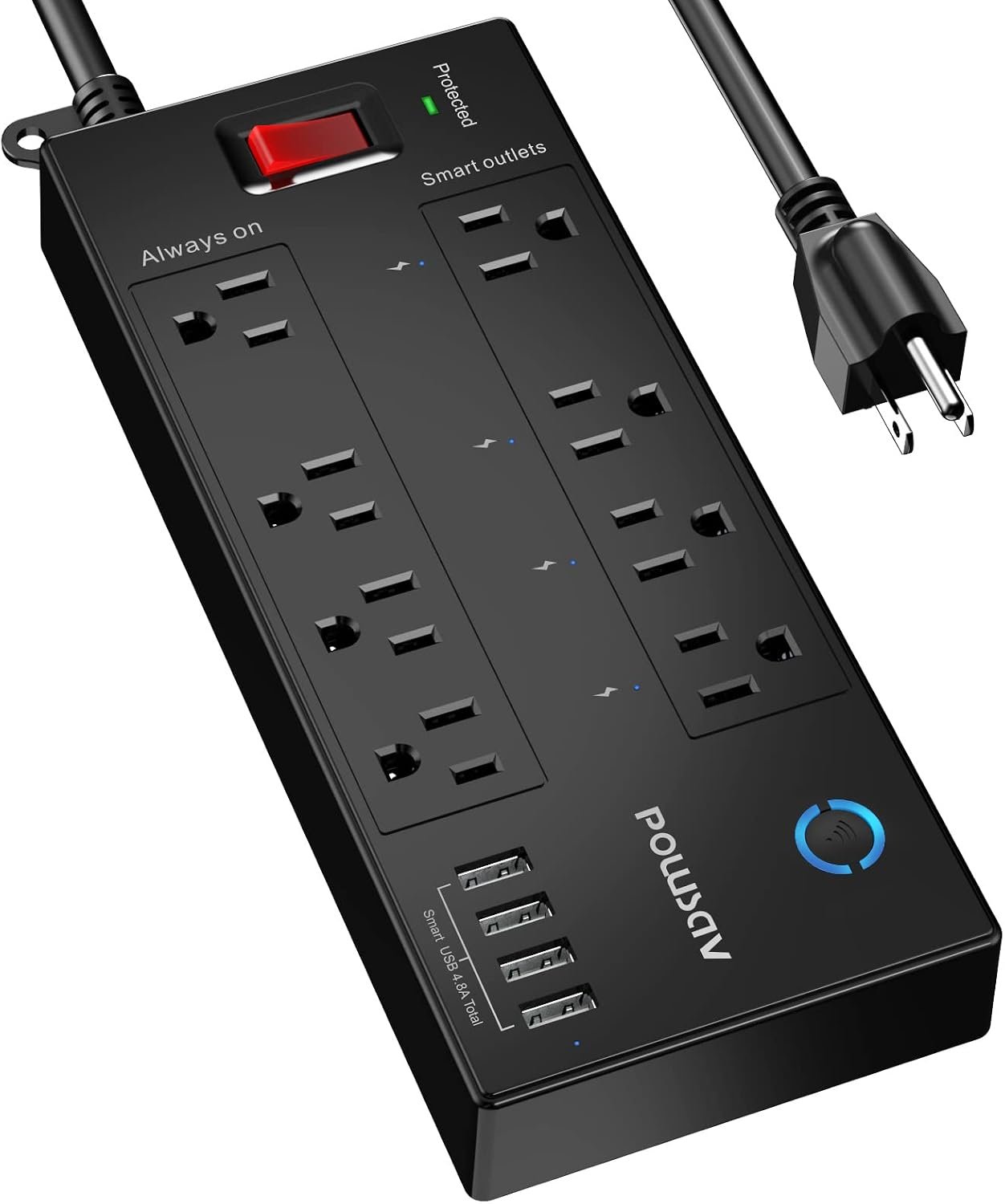 POWSAV 6 Ft WiFi Surge Protector – 8 Outlet Extension Cord with 4 Smart & 4 Always On Outlets, 4 USB Ports, Alexa & Google Home Compatible, Black