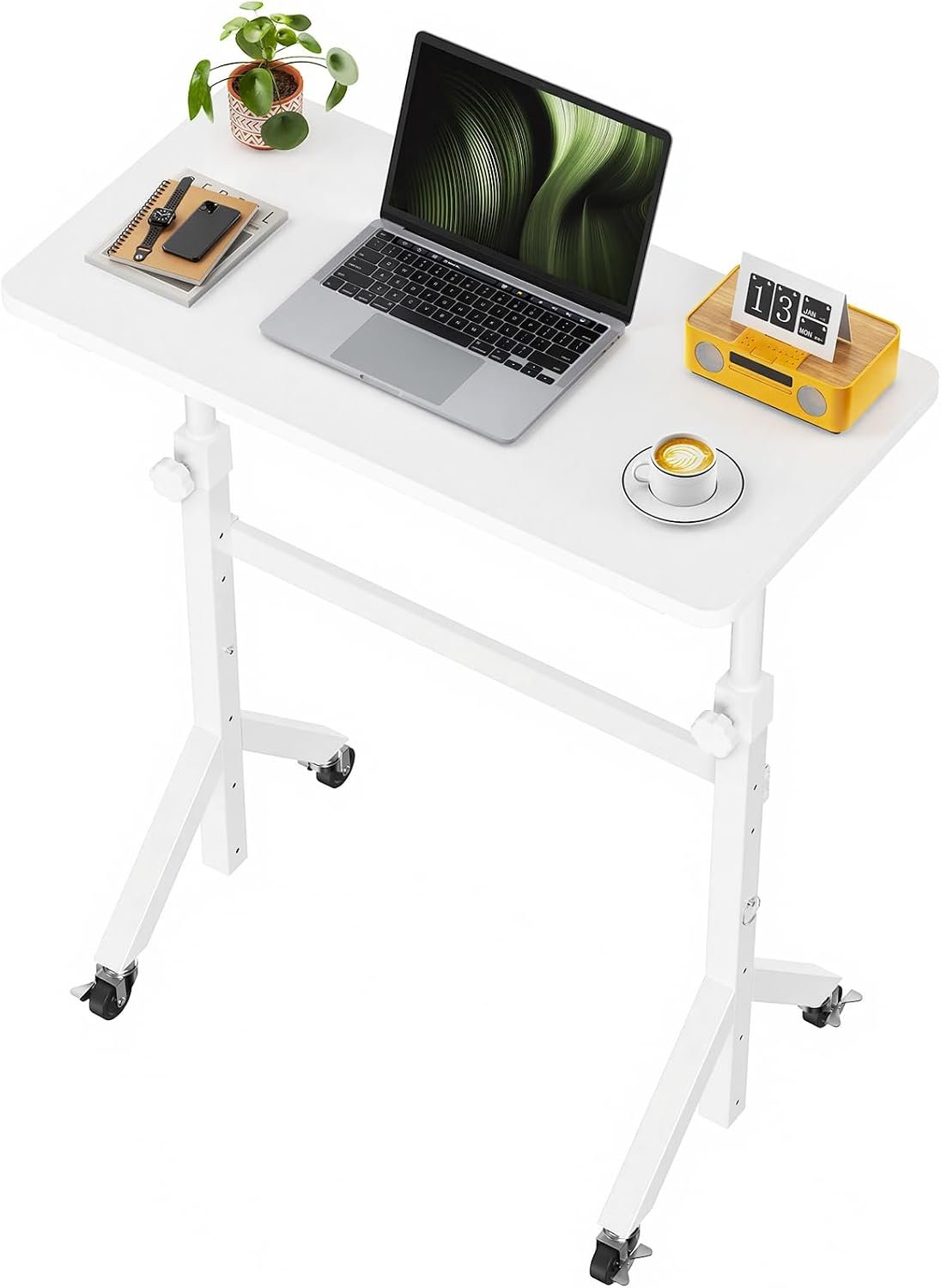 Marsail Mobile Stand Up Desk with Wheels, Adjustable Height Desk from 28.3″ to 46.5″, Rolling Standing Desk with Lockable Wheels, Portable Small Desk for Walking Pad and Treadmill, White