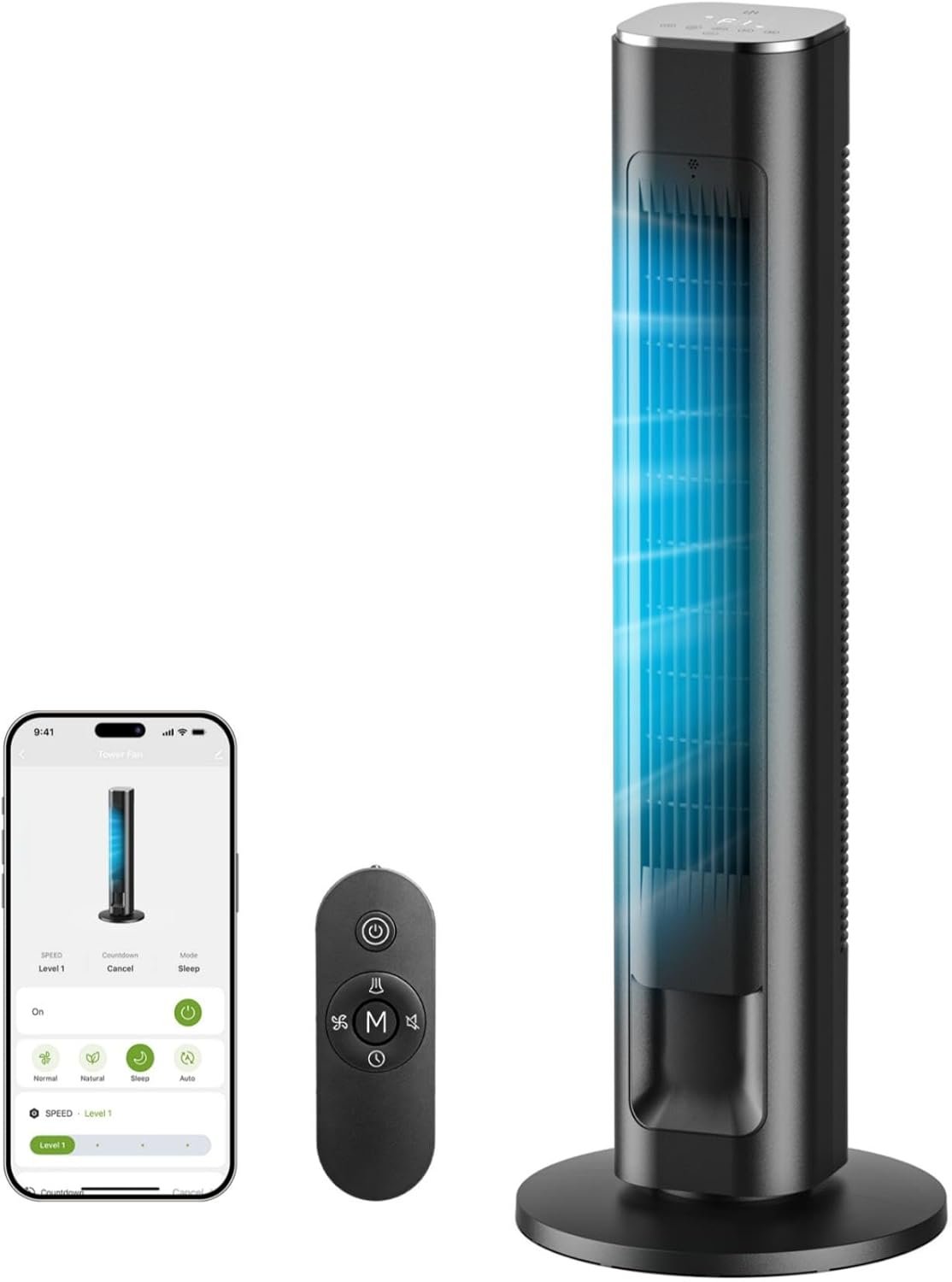 MORENTO Tower Fan for Bedroom, 36″ Smart Standing Fan with WiFi APP Voice Control, 4 Modes 4 Speeds, 90° Oscillating, 12H Timer & 25dB Ultra Quiet Safe Bladeless Floor Fan with Remote, Black, 1 Pack