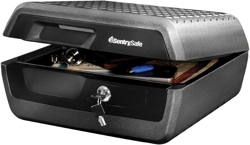 SentrySafe Fireproof and Waterproof Document Safe with Key Lock, Lock Box for Cash, Passport, Jewelry, Exterior: 16.5 in W x 14.8 in D x 7.6 in H, Black, 0.36 Cubic Feet, CHW30220