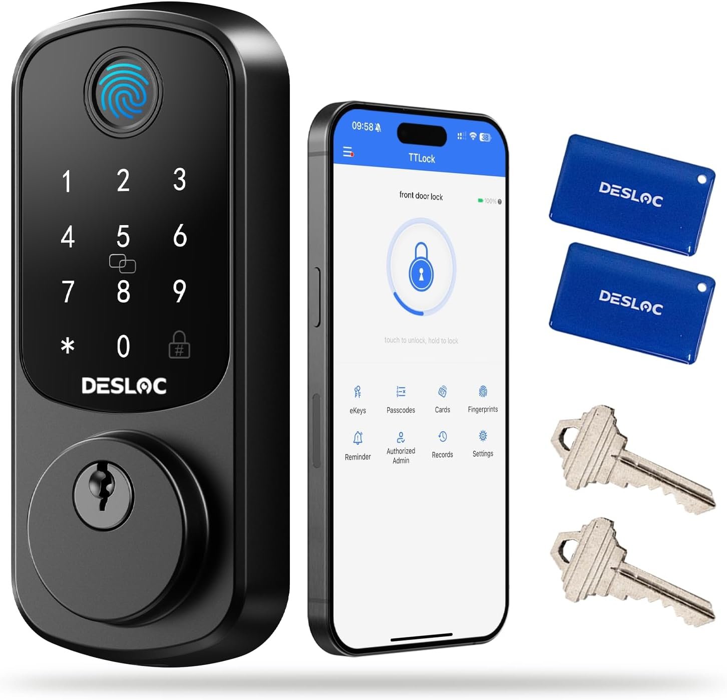 DESLOC B200 Fingerprint Smart Door Lock with App Control, Keyless Entry Deadbolt for Front Door, Auto Lock, Touchscreen Keypad, 8 Unlock Methods, USB-C Backup Power, 12-Month Battery, BHMA Grade3