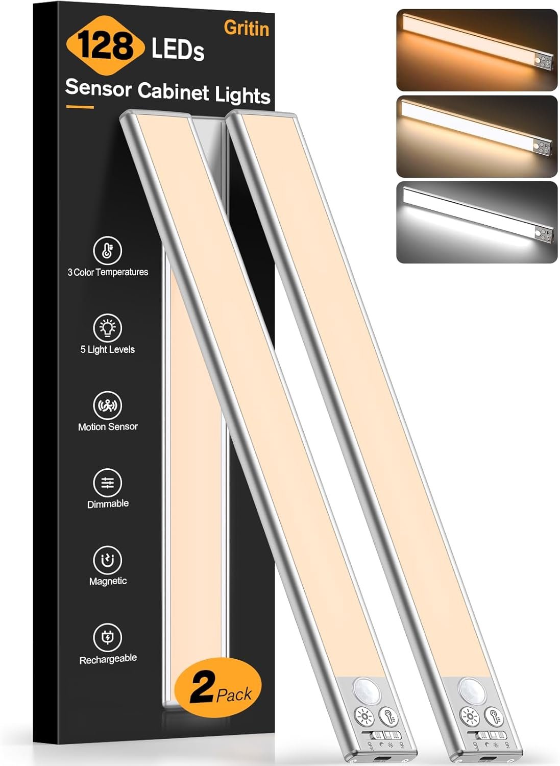 Gritin 14.7inch Under Cabinet Lighting Rechargeable 2 Pack- 3 Color Temps&5 Level Brightness, Super Bright, 4 Modes, Motion Sensor, Long Lasting – Easy Installation Magnetic Under Closet Lights-Silver