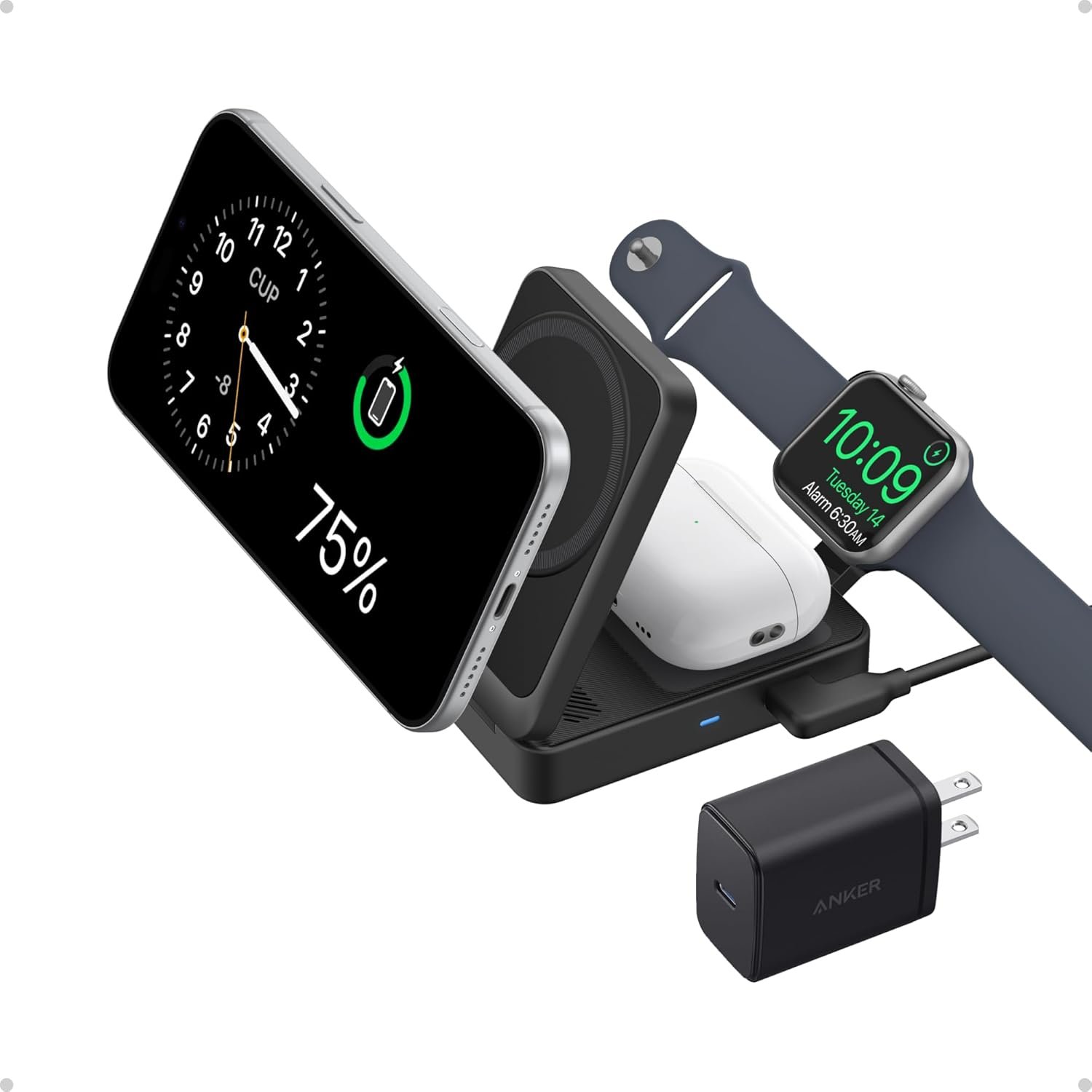 Anker MagGo 3 in 1 iPhone 17 Charging Station, MagSafe-Compatible Wireless Charger Stand, Qi2 Certified 15W Foldable Charger for iPhone 17/16/15/14/13/12, AirPods, Apple Watch Ultra(Adapter Included)