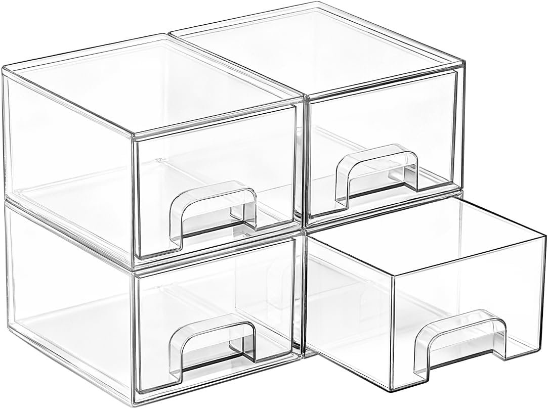 Vtopmart 4 Pack Small Clear Stackable Storage Drawers,Acrylic Bathroom Makeup Organizer,Plastic Storage Bins for Vanity, Undersink, Kitchen Cabinets, Pantry, Home Organization