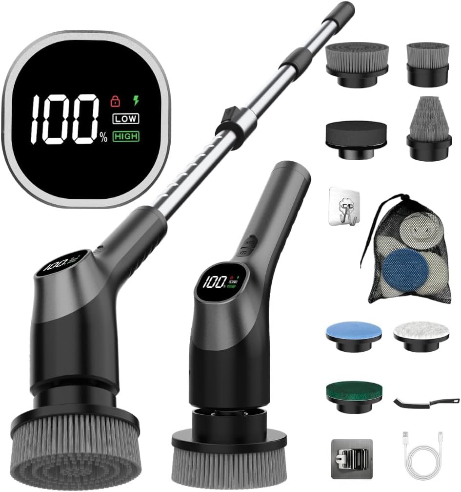 WKY-Electric Spin Scrubber – 10-in-1 Cordless Shower Scrubber & Cleaning Brush with Extendable Handle, 42 in-lbs Ultra High Torque, 2 Speeds, IPX7, LED Display, Smart AI Chip, for Bathroom, Kitchen