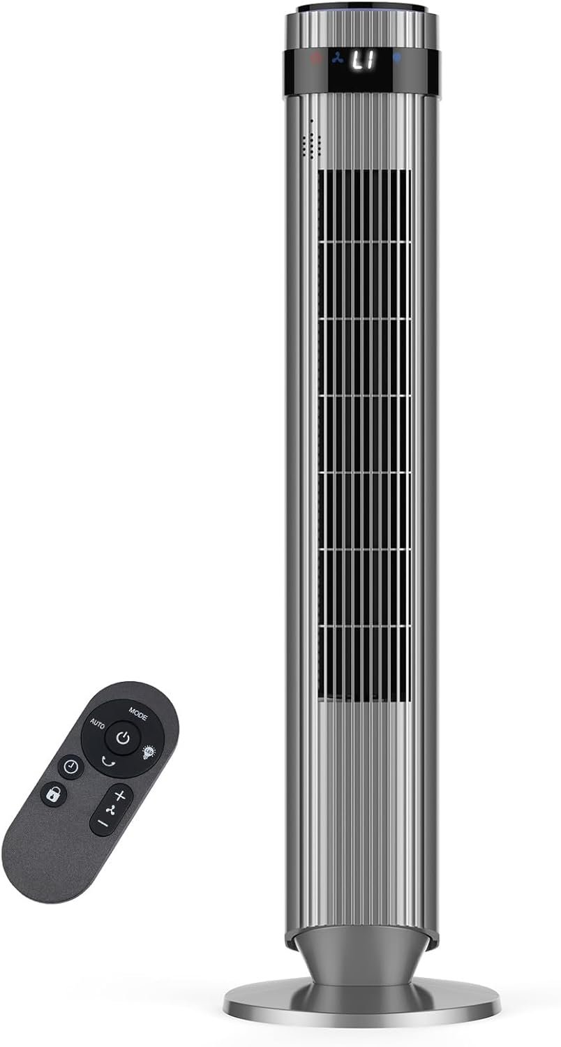OLIXIS Tower Fan for Bedroom, 28dB Quiet Floor Standing Fan with Remote, 12H Timer, 5 Speeds, 4 Modes, LED Display, Portable Bladeless Oscillating Cooling Fan for Indoor, Home, Office – Grey