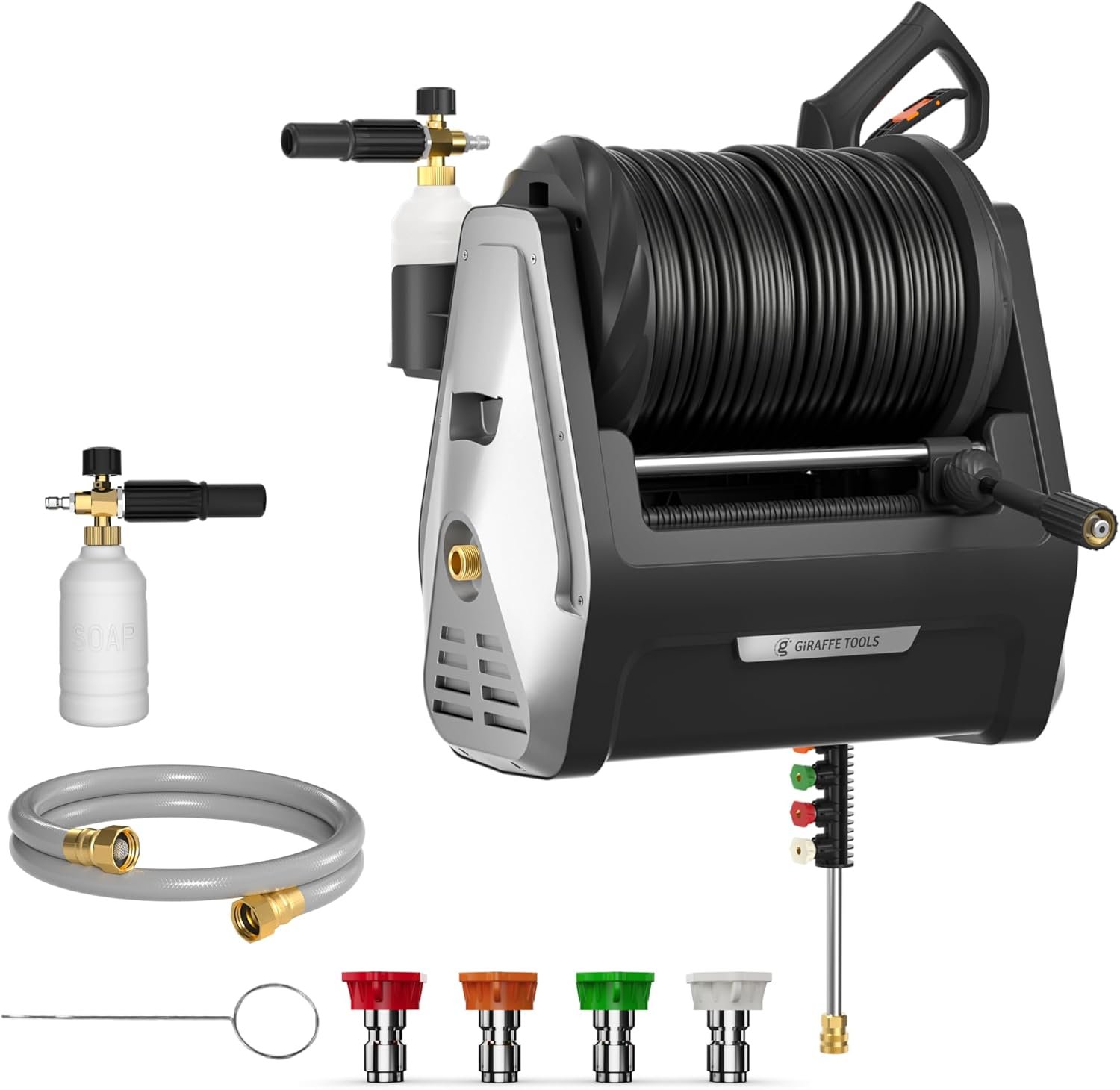 Giraffe Tools Wall Mounted Pressure Washer Essential with Upgraded 1800W Motor, 2900 PSI, 2.2 GPM Electric Power Washer, Automatic Rewind, 100ft Pressure Hoses, 5 Nozzles for Floor/Cars/Fences/Patios