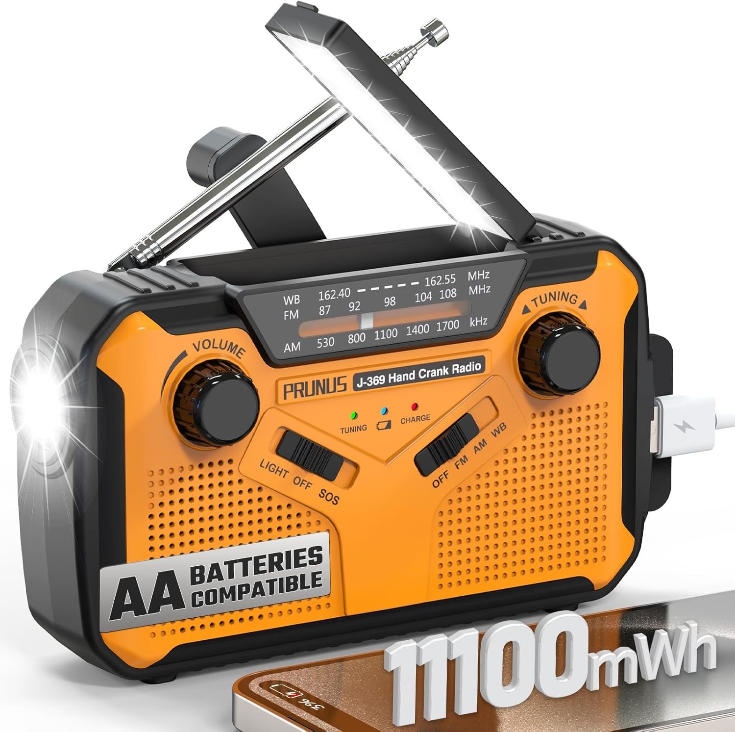 PRUNUS J-369 11100mWh Emergency Weather Radio, AA Batteries/Hand Crank/Solar/USB Charging, NOAA/AM/FM, LED Flashlight and Reading Lamp,SOS Alarm & Flashlight Portable
