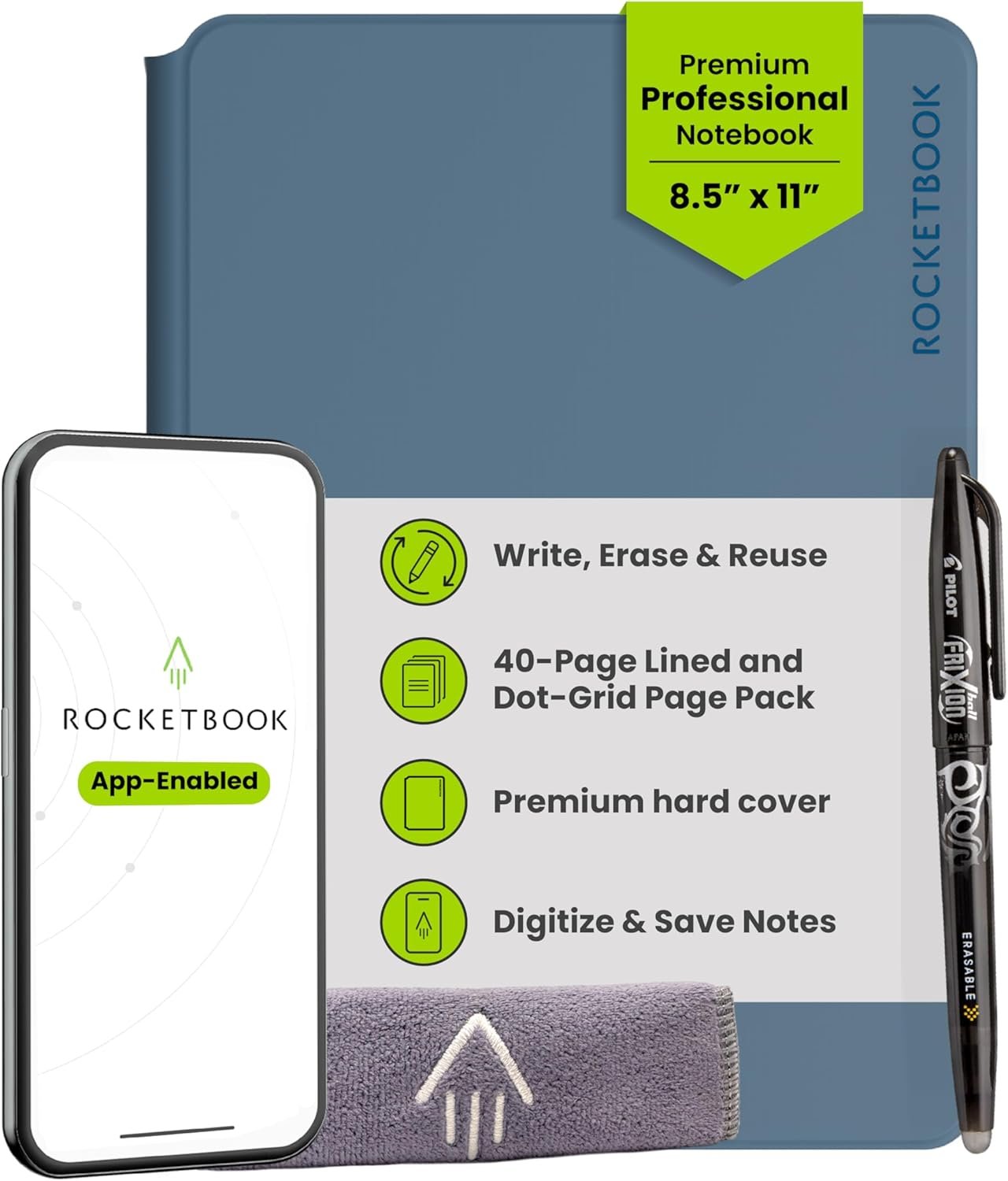 Rocketbook Pro Smart Reusable Notebook, Lined & Dotted Interchangeable Pages, For Work and Business Meetings, Letter Size 8.5×11, Blue