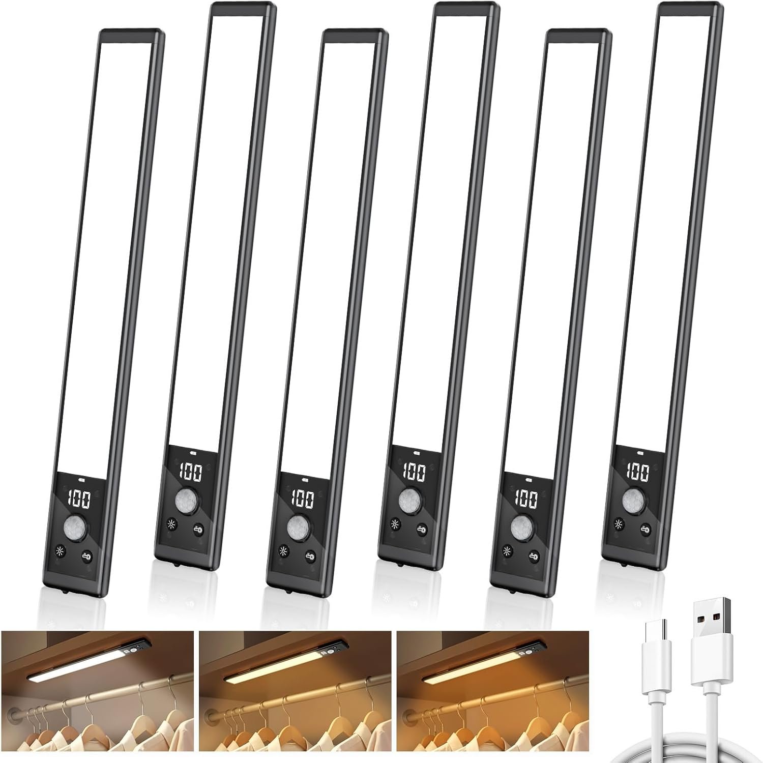 Mpotmiy 6 Pack 10″ Under Cabinet Lights with Digital Display,52 LED Rechargeable Motion Sensor Light Indoor,3 Color Temperatures, Magnetic Dimmable Closet Lights, Under Counter Light for Kitchen