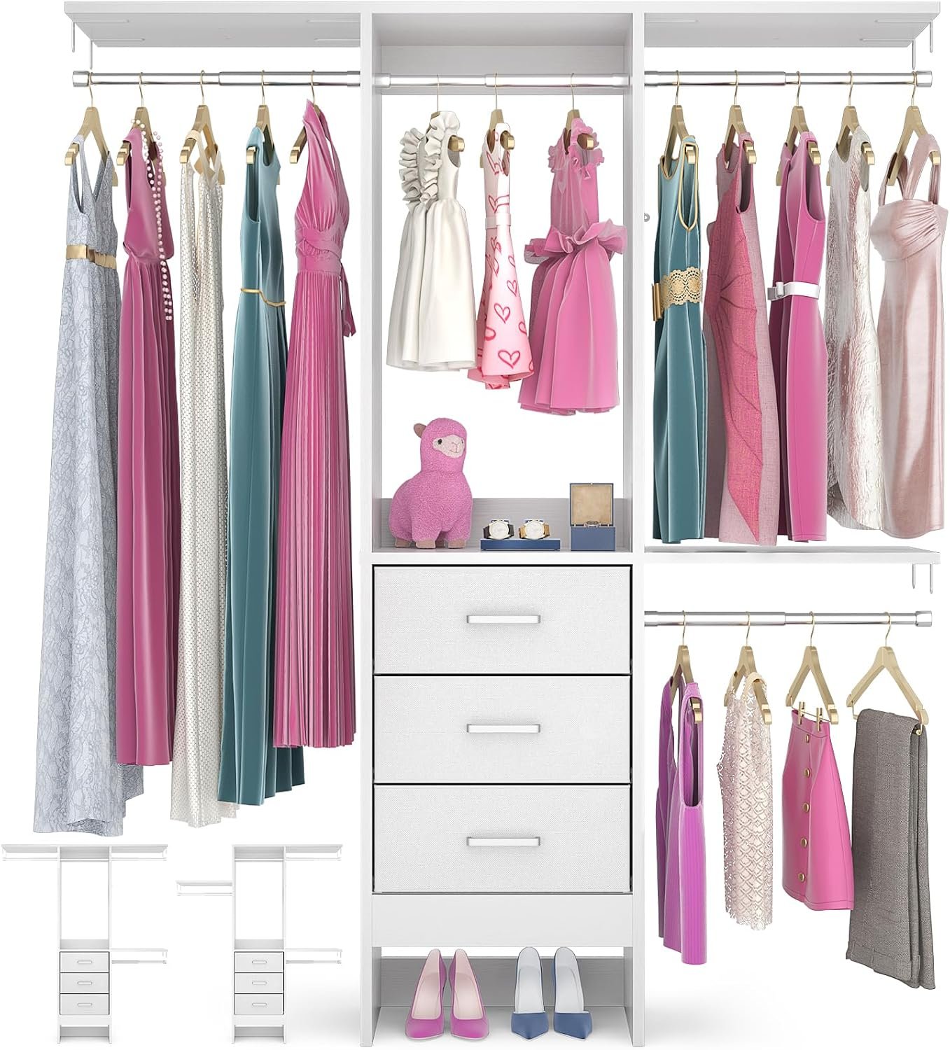 Besiost 4FT Small Closet System with 3 Fabric Drawers, 48” Closet Organizer System With 3 Adjustable Shelves, Flexible Built-In Clothes Garment Rack for Small Space, 48″ L x 13″ W x 71″ H, White