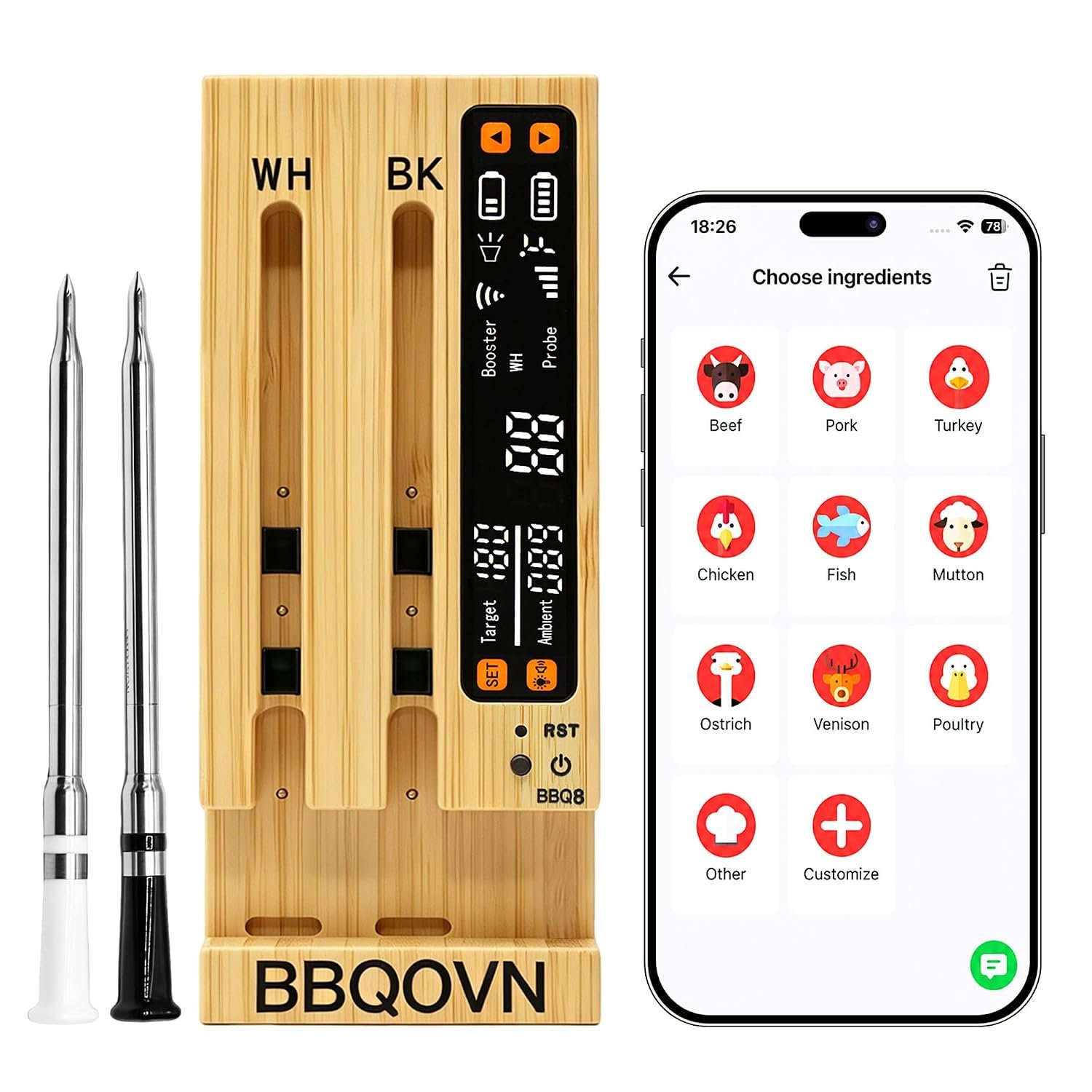 BBQOVN WiFi Sub-1G Wireless Meat Thermometer Unlimited Range 7 NIST Certified Sensors with Ambient Temp 2 Temp Monitoring Ways Digital Smart Base and App for BBQ, Smoker, Grill, Oven (Dual Probes)