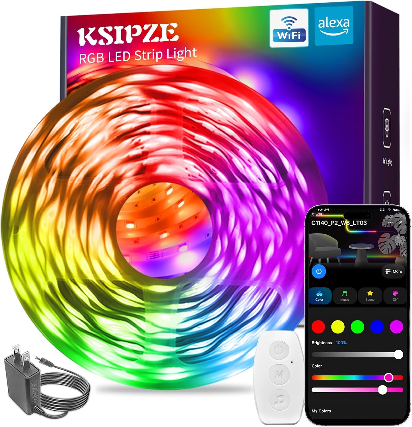 KSIPZE Smart WiFi LED Strip Lights, RGB+IC LED Lights for Bedroom Work with Alexa,APP Control, Music Sync, DIY Multiple Colors, Flexible Color Changing LED Strip Lighting for Home Room Decor, 16.4ft