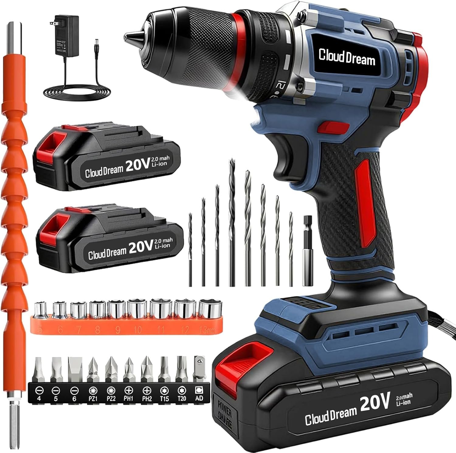CloudDream Cordless Drill Set,Electric Power Drill with 2 Battery,60N.m,21+1 Torque,2 Variable Speed,30pcs Acessories,Built-in LED,Kit for Home