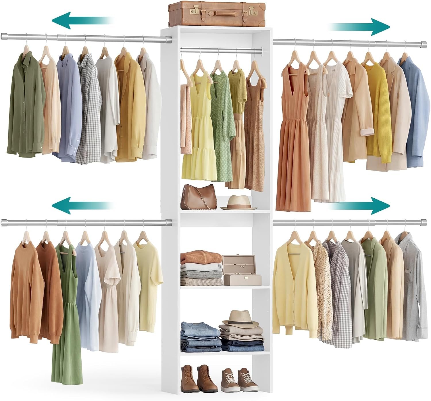 SONGMICS CUSTOS Collection – Closet System, Customizable Walk-In Closet Organizer System with Adjustable Hanging Rods and Storage Shelves, White, Fits Spaces 4-9.6 ft URGR040WZ01S