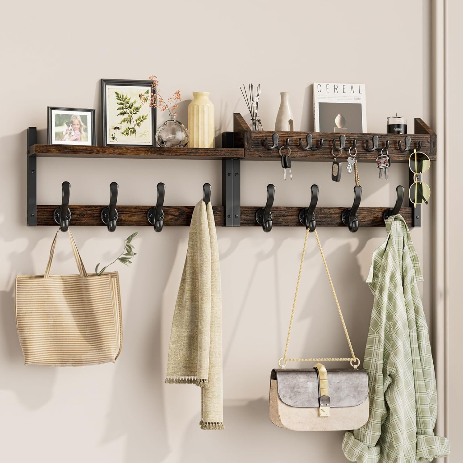 Evermagin 35″ Coat Rack Wall Mount with Shelf, 4 in 1 Coat and Key Hanger with 13 Metal Hooks, Entryway Wall Mounted Shelf with Mail Holder for Living Room, Bedroom, Rustic Brown