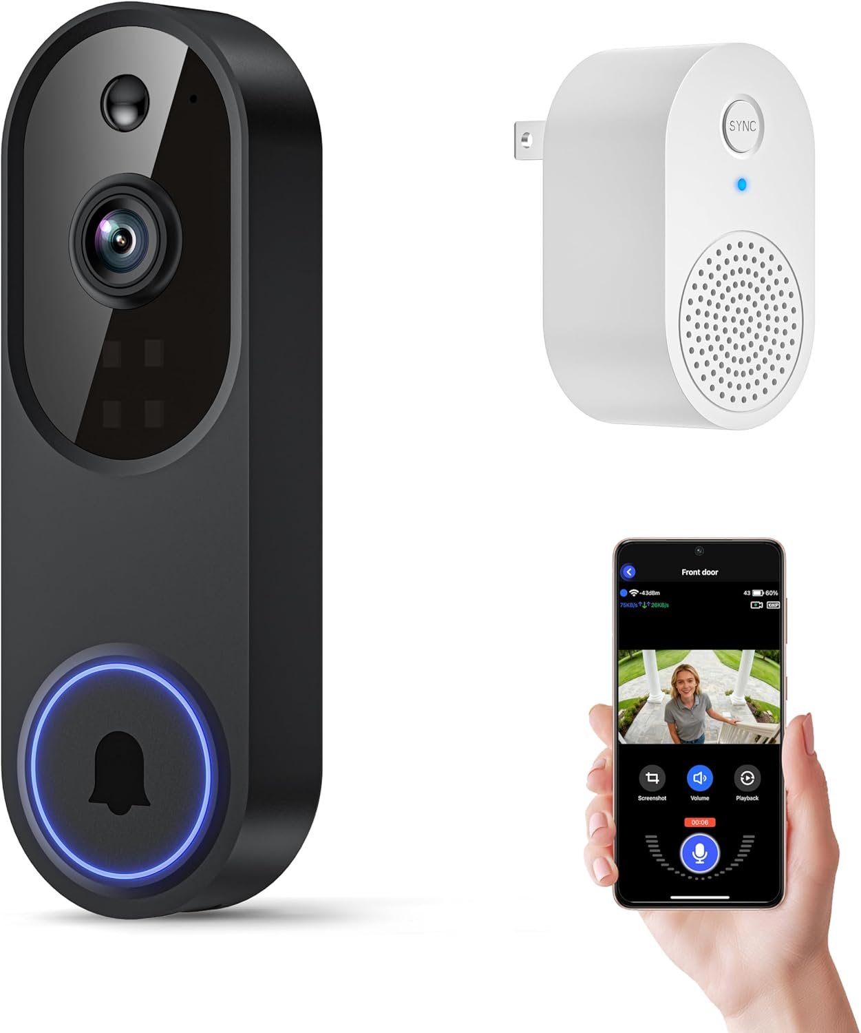 Orbitell 1080p Wireless Wi-Fi Video Doorbell Camera with Two Way Audio, Night Vision, Cloud Storage, Smart AI Motion Detection, Support 2.4GHz Wi-Fi only
