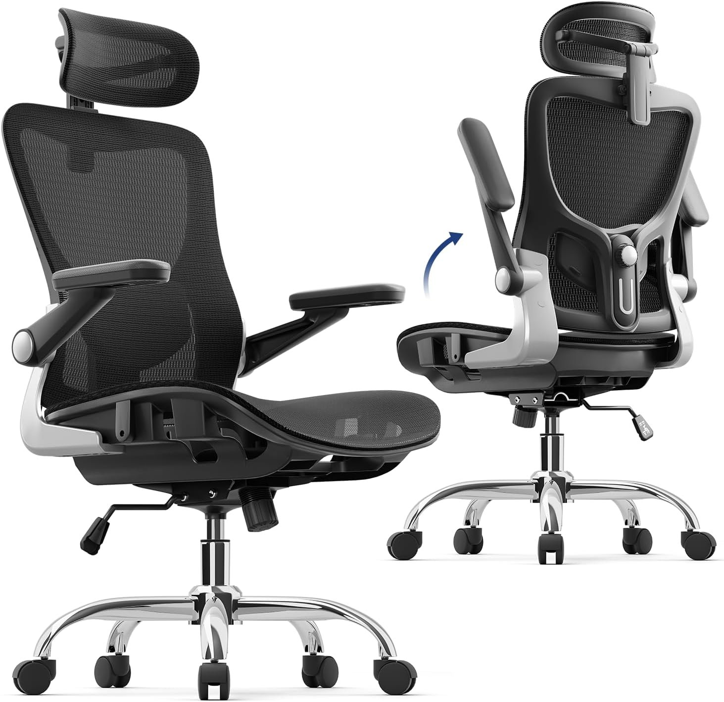 marrap Ergonomic Office Chair, Mesh Desk Chair with 3D Armrests, Adjustable Lumbar Support and Headrest, 90-120° Rocking Function, Black
