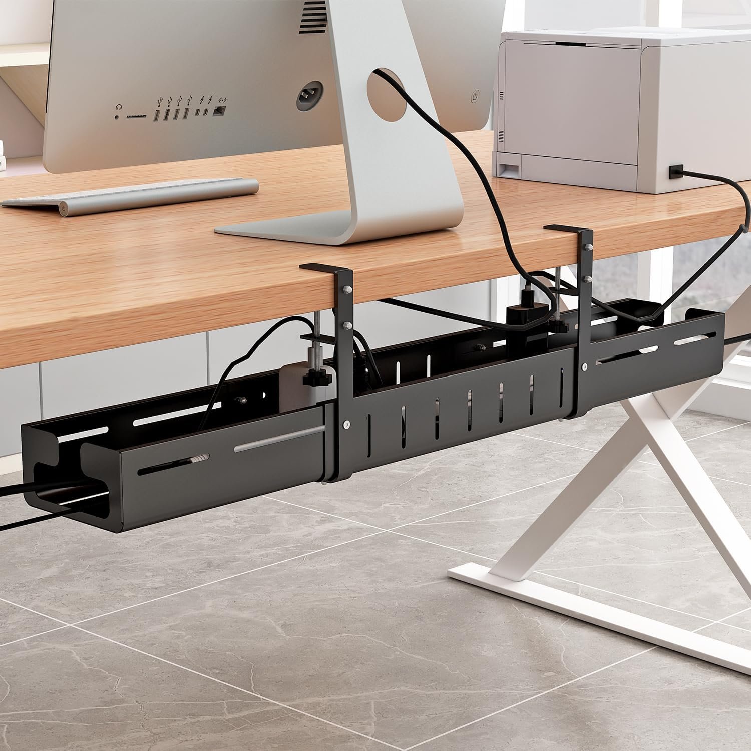 Under Desk Cable Management Tray, Expandable Length 25.2″-38.6″,No Drill No Damage to Desk,Cable Tray with Clamp for with Wire Management,for Cord Organizer for Home Office Standing Desk, Black