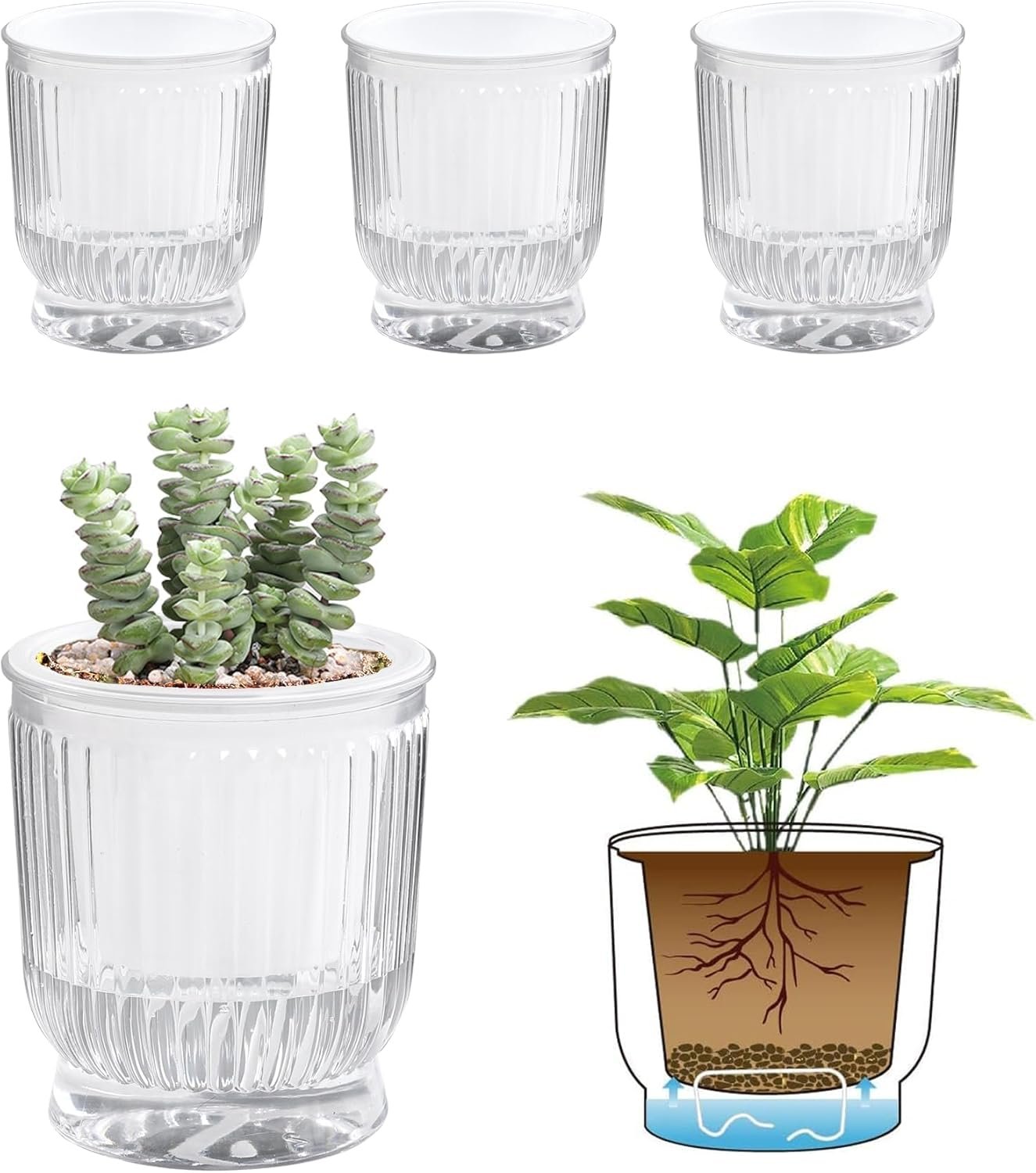 T4U 4 Inch Self Watering Plant Pot, 4 Pack Self Watering Pots, Self Watering Planter with Reservoir, Clear Self Watering Pots for Indoor Plants, African Violets, Flowers (4 Pack, 4″, Clear)