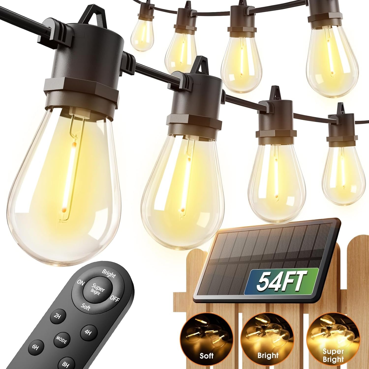 addlon 54FT(48+6) Solar String Lights Outdoor Waterproof with USB Charging & Remote Control – Dimmable Solar Power Patio Lights with LED Bulbs for Porch, Garden, Yard, Market, Bistro – Last for 20+Hrs