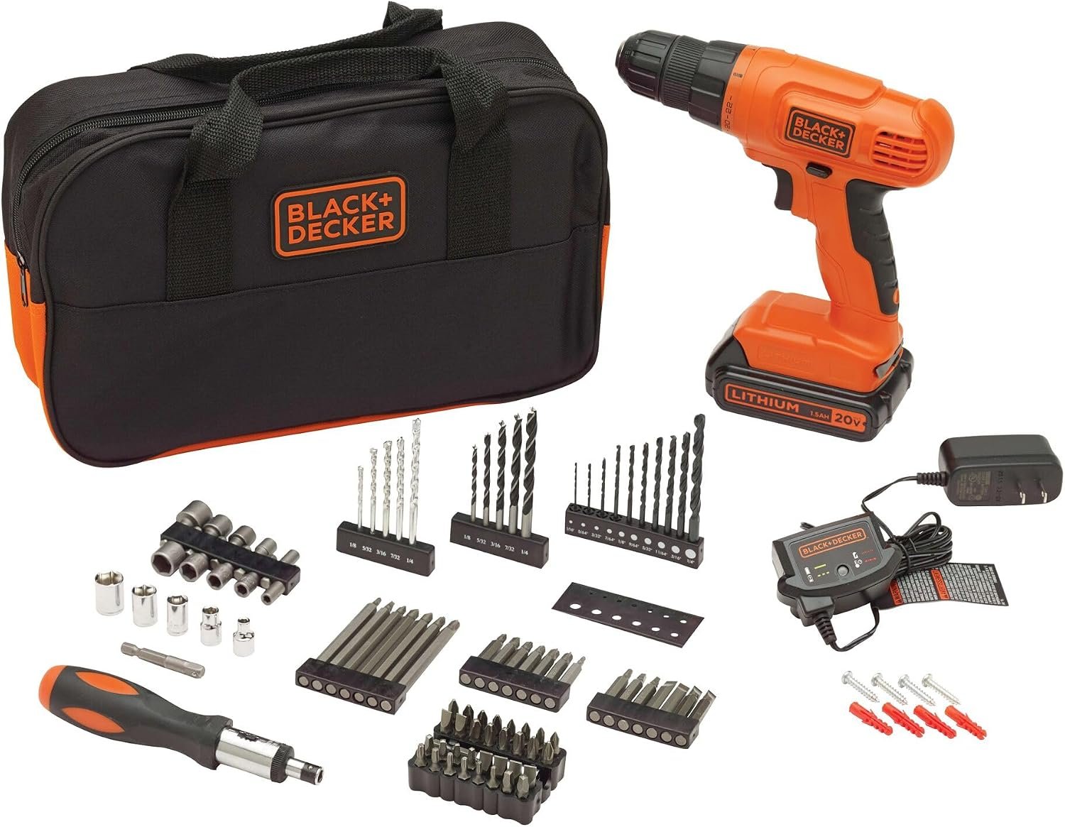 BLACK+DECKER 20V MAX* POWERCONNECT Cordless Drill Driver Kit with Drill Bit Set and Sockets, 100 pc. Tool Kit for Home, Battery and Charger Included, Orange (BDC120VA100)