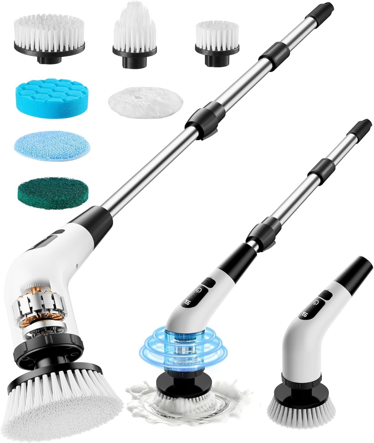 Powerful Electric Spin Scrubber, for Mom, Cordless Cleaning Brush, 90-Min Extended Runtime, Telescopic Long Handle, 8 Replaceable Heads, 2 Speeds for Bathroom, Floor & Glass