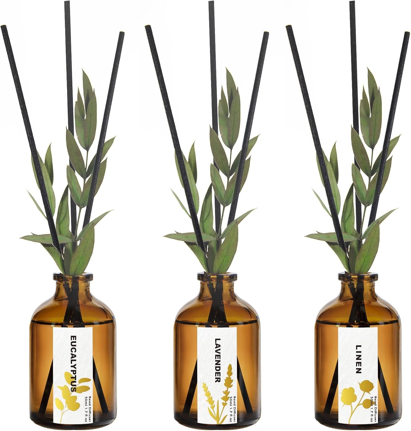 Reed Diffuser Set of 3, Eucalyptus, Linen & Lavender Scented Oil Diffusers with 15 Reeds, Long-Lasting Home Fragrance for Bedroom & Bathroom Decor, 1.7 fl oz Each, Total 5.1 oz