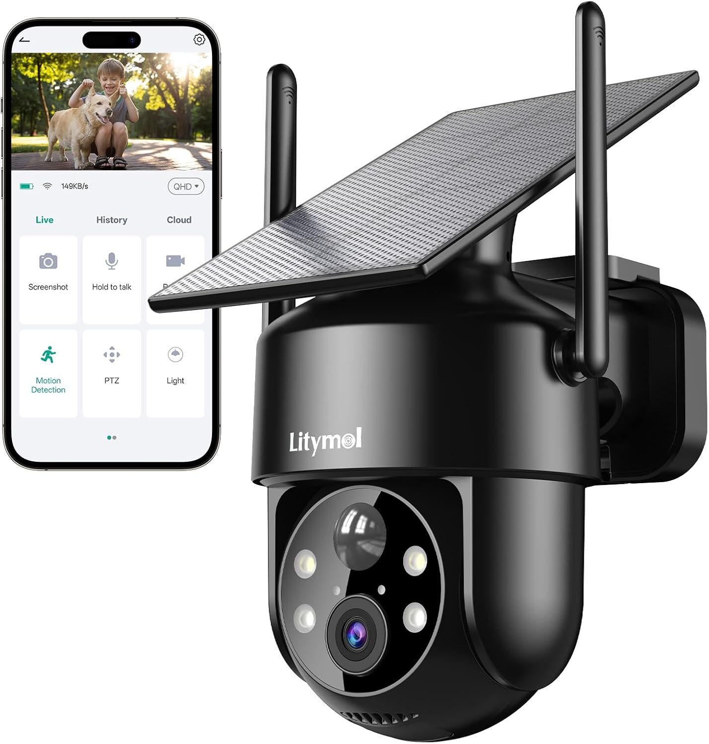 LITYMOL 2K 2.4g WiFi Security Cameras Wireless Outdoor, 360° View Solar Cameras for Home Security, Color Night Vision, Motion Detection, 2-Way Audio, Spotlight Siren Alarm, SD/Cloud Storage