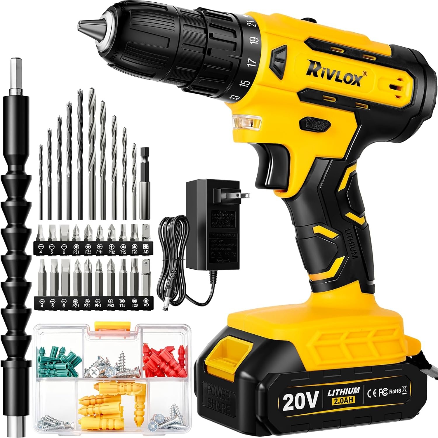 20V Cordless Drill Set,Electric Power Drill Cordless,Power Drill Drivers,Electric Screwdriver – 2.0Ah Batteries, 30Nm，21+1 Torque,2 Speed, Built-in LED,Kit for Home, Yellow