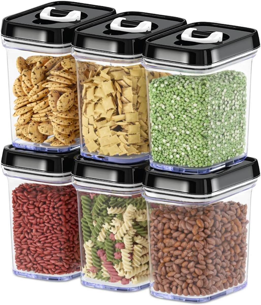 DWËLLZA KITCHEN Airtight Food Storage Containers with Lids – 6 Piece Set Air Tight Kitchen Storage Containers for Pantry Organization and Storage – Clear Plastic BPA-Free – Keeps Food Fresh & Dry