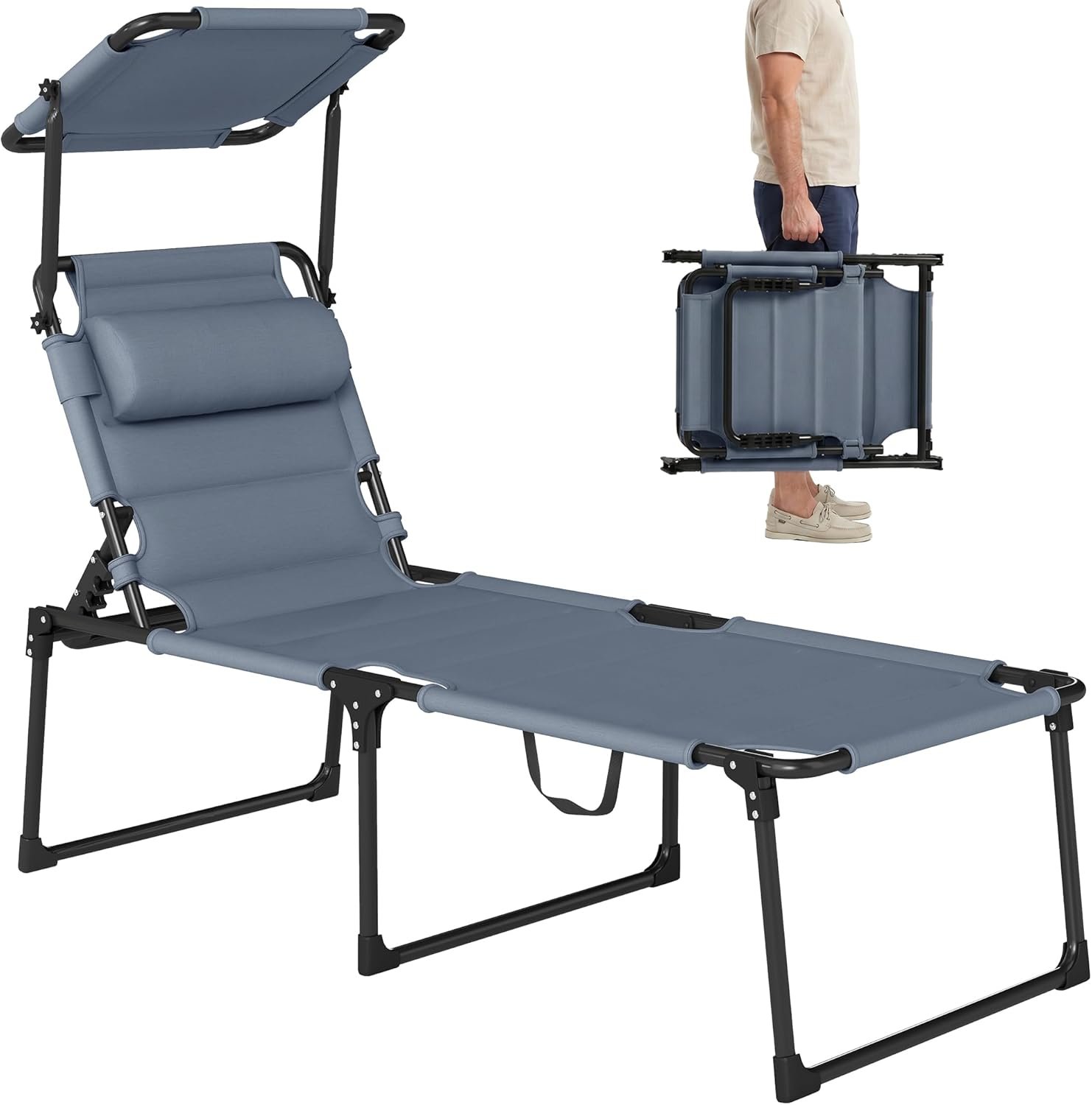 Outsunny Outdoor Lounge Chair, Adjustable Backrest Folding Chaise Lounge, Cushioned Tanning Chair with Sunshade Roof & Pillow Headrest for Beach, Camping, Hiking, Gray
