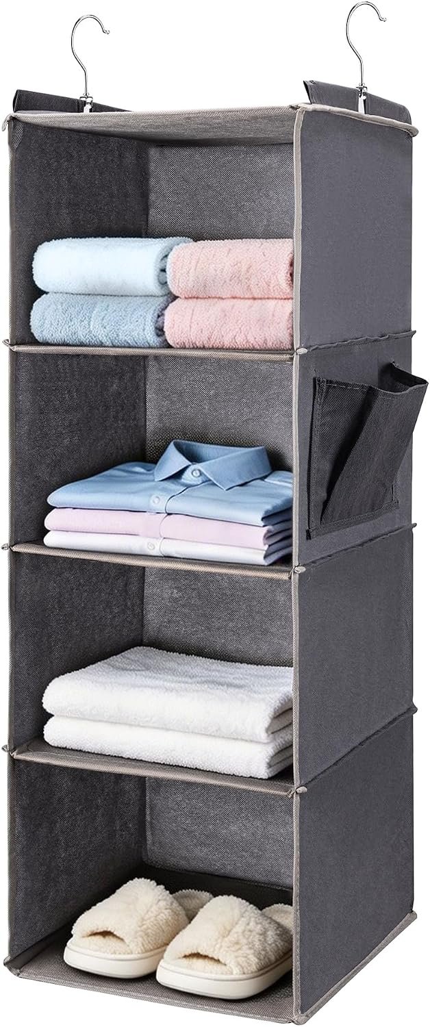 BOOMIBOO Hanging Closet Organizer and Shelves, 4 Shelves with 1 Side Pockets, Foldable, Grey Fabric, Modern Style, for Bedroom and Dorm Room (Grey)