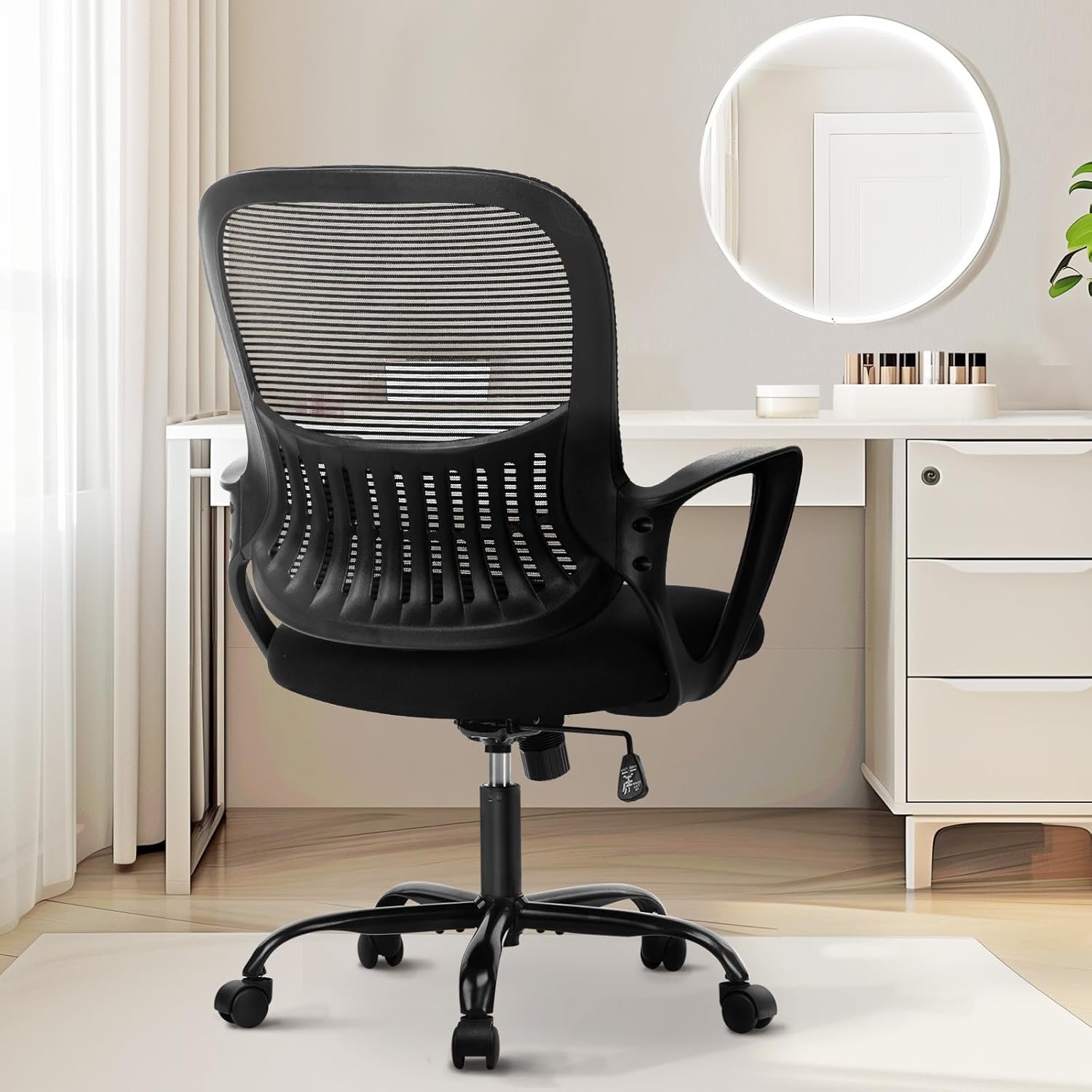 Sweetcrispy Home Office Managerial Executive Chair with Ergonomic Design, Mid-Back Mesh 360° Swivel, Comfortable Lumbar Support, Comfy Arms for Bedroom,Study,Student, Black