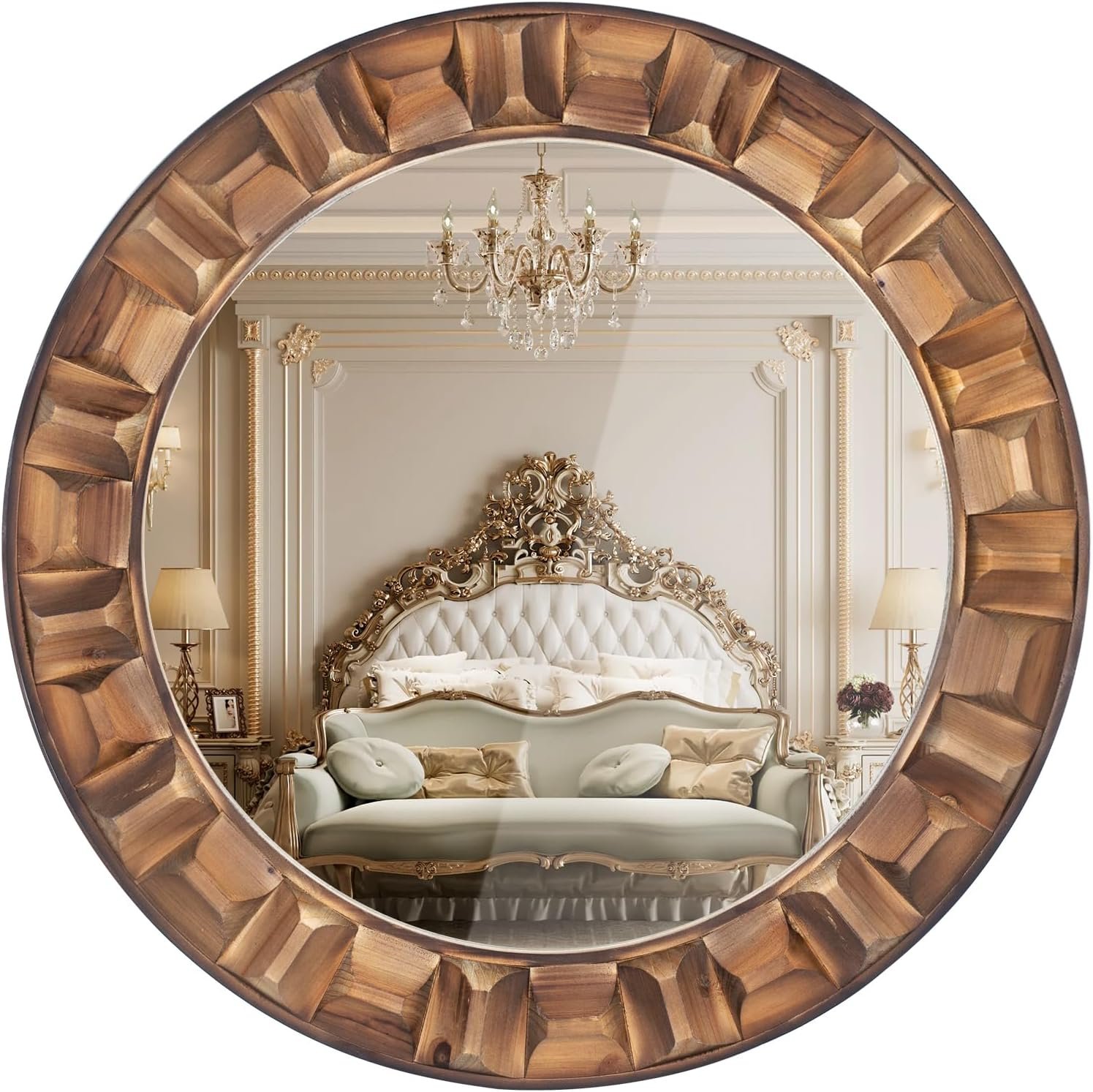 36 Inch Large Round Solid Wood Wall Mirror – Rustic Farmhouse Dark Brown Wooden Circle Mirror for Bathroom, Living Room, Entryway & Wall Decor