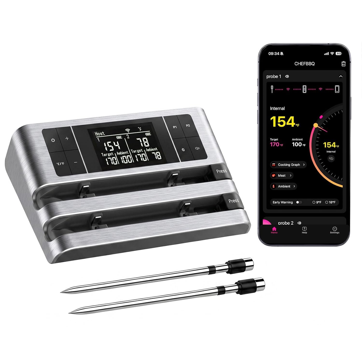 Wireless Smart Meat Thermometer, Dual-Sensor Probe, 500FT Remote, Dedicated App, Real-Time Temp for Oven/Grill – Rechargeable, Precise for Steak