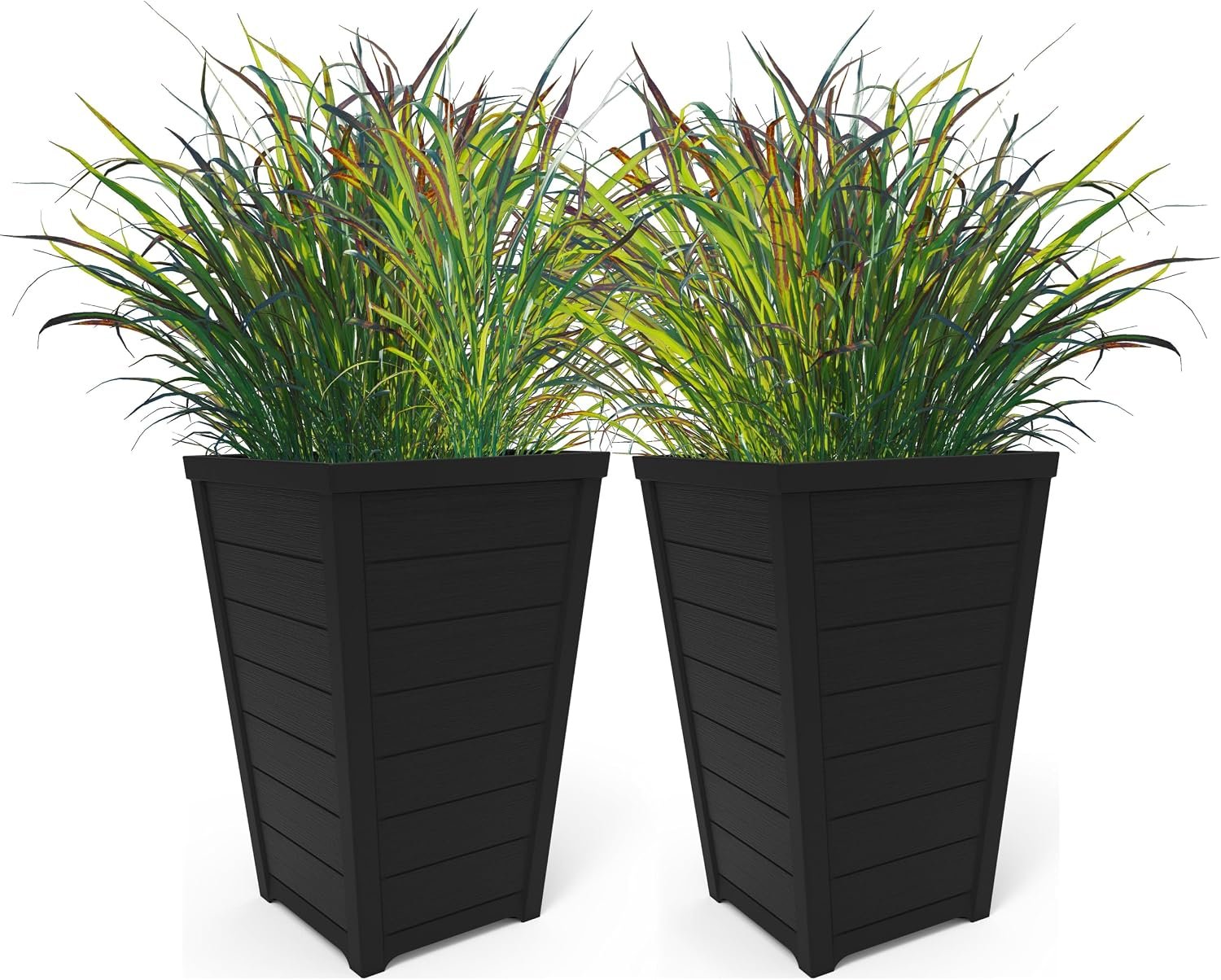 Keter Set of 2 Resin Modern Outdoor 22 Inch Tall Large Flower Pots, Tapered Wood Look Planters for Outdoor Plants and Front Porch Decor, Graphite