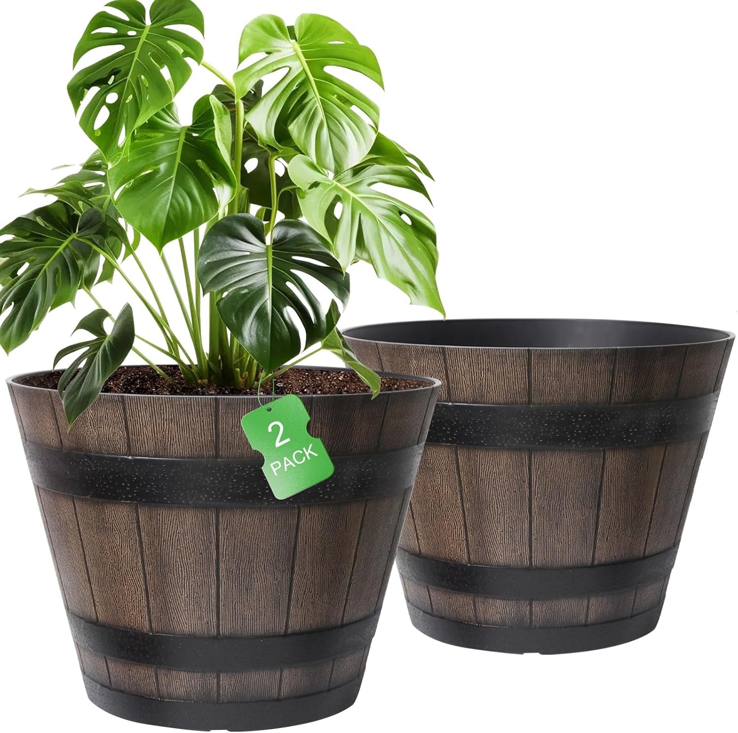 Large Plant Pots, 22.25 Inch 2 Pack Plastic Whiskey Barrel Planters, Big Flower Pots Wine Barrel Design for Outdoor Indoor, Garden, Porch, Patio, Backyard