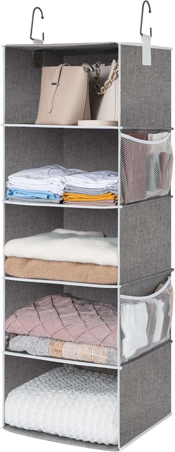 StorageWorks Hanging Closet Organizer, 5-Shelf Hanging Shelves with 2 Hooks, Foldable Space-Saving Design, Closet Organizers and Storage for Bedroom, Dorm, Locker, Gray