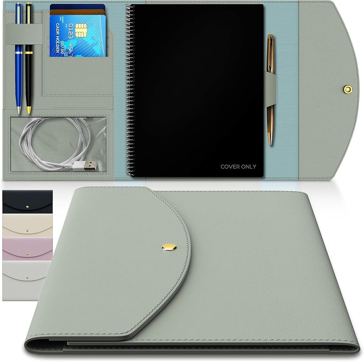 Luxury Slim Organizer Cover Compatible with Rocketbook, Journal, Planner – Executive Size A5 Fits 6 x 8.8 Notebook Soft Vegan Leather Cover for Core, Panda, Fusion (Sage, Letter – A4)