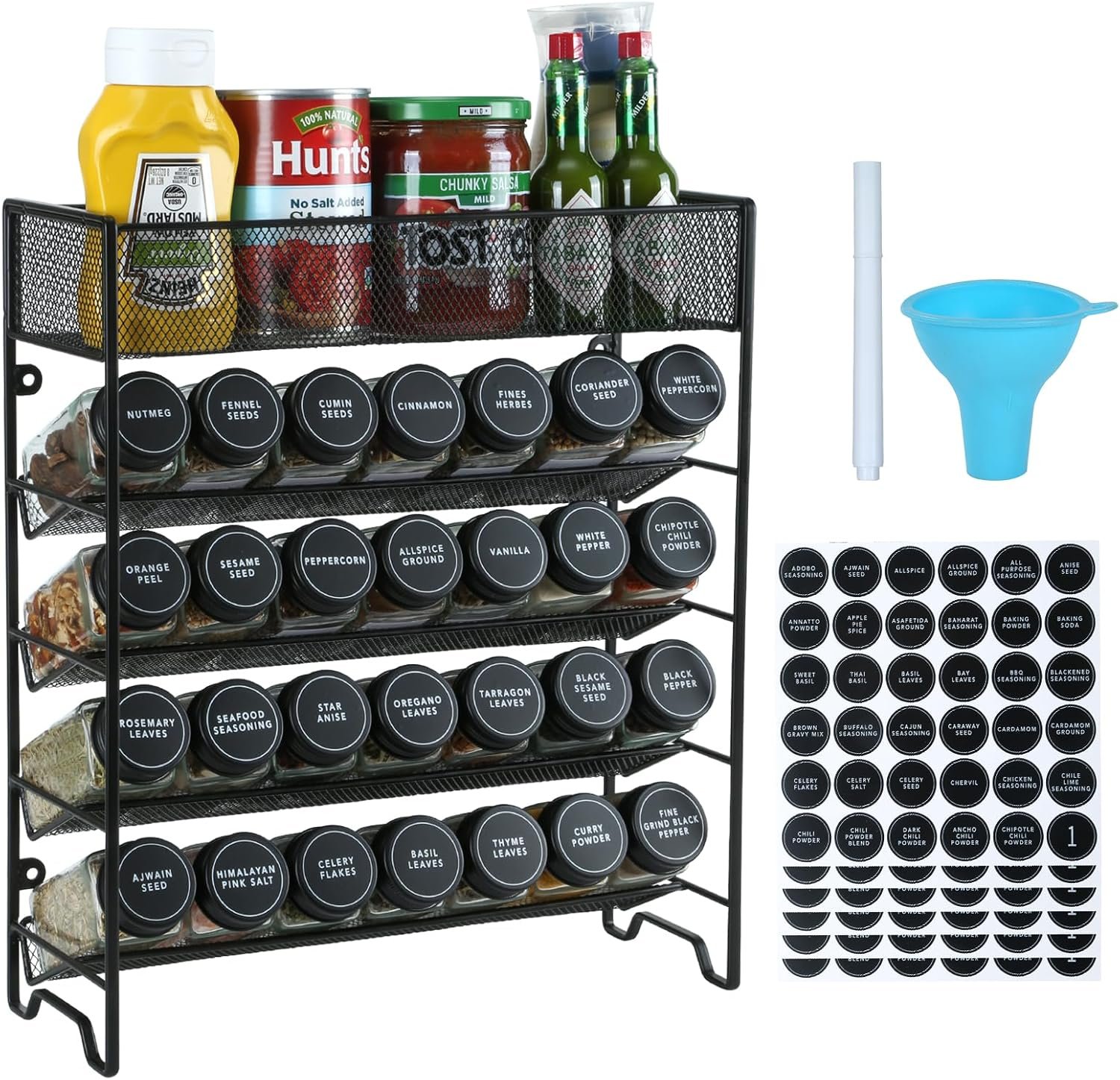 Skiileor Spice Rack Organizer with 28 Spice Jars, Black Lids，Spice Labels, Chalk pen and Funnel Set for Cabinet, Countertop, Pantry, Cupboard or Wall Mount