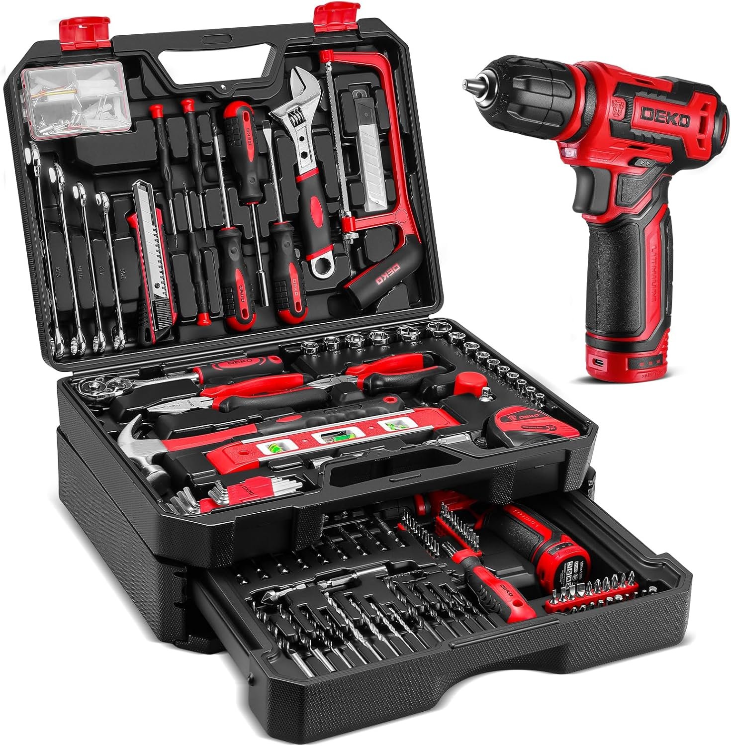 Drill Tool Set：Tool Kit with 12V Power Cordless Drill Hand Repair Tools Box with Drill, Home Tool Kits for Men & Women, Hand Drill Set Perfect for Homeowner, Diyer, Handyman – Red