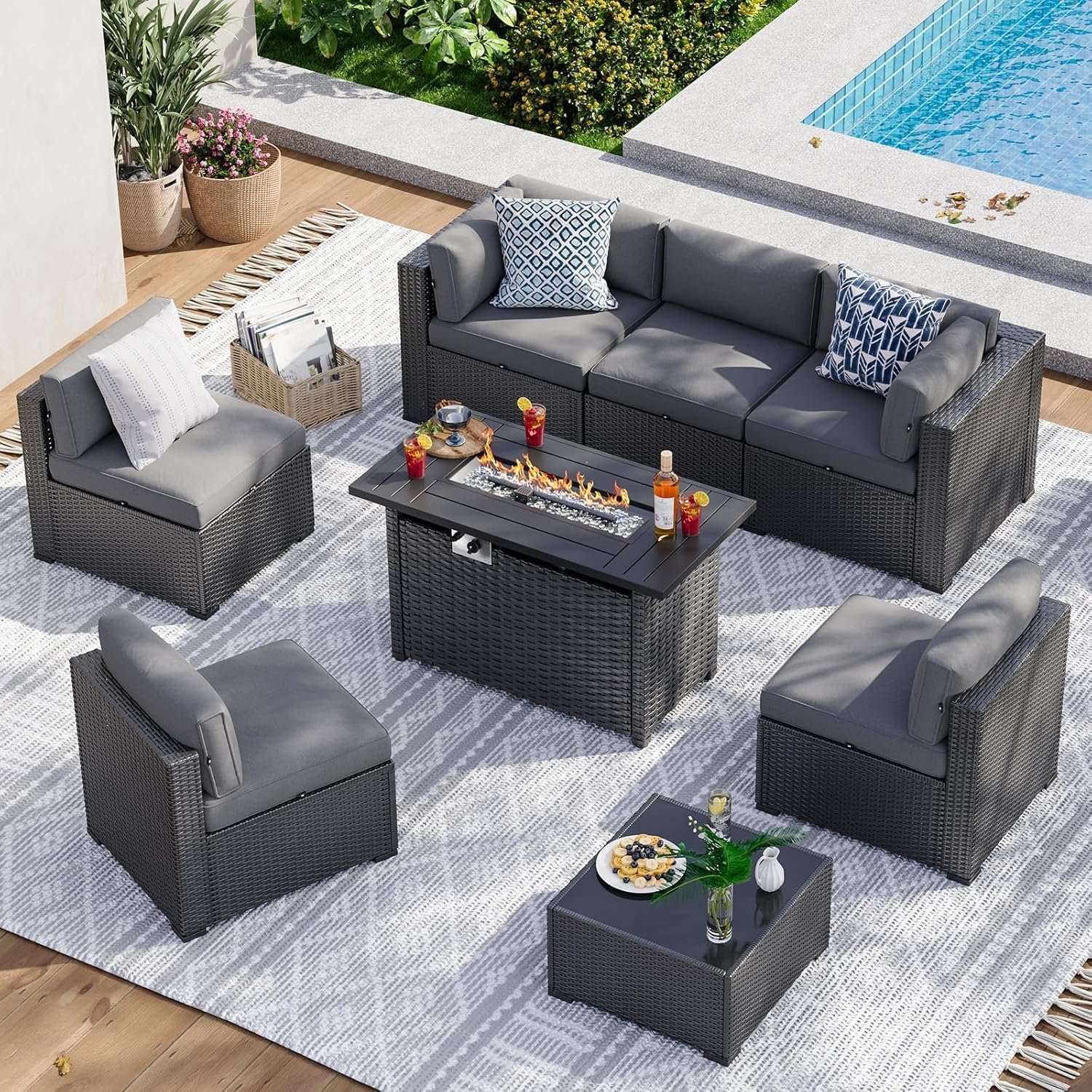 Aoxun 8 Piece Patio Furniture Set with 44” Fire Pit Table, Wicker Rattan Patio Sectional Sofa, Outdoor Furniture Set with Thickened Cushion, Grey