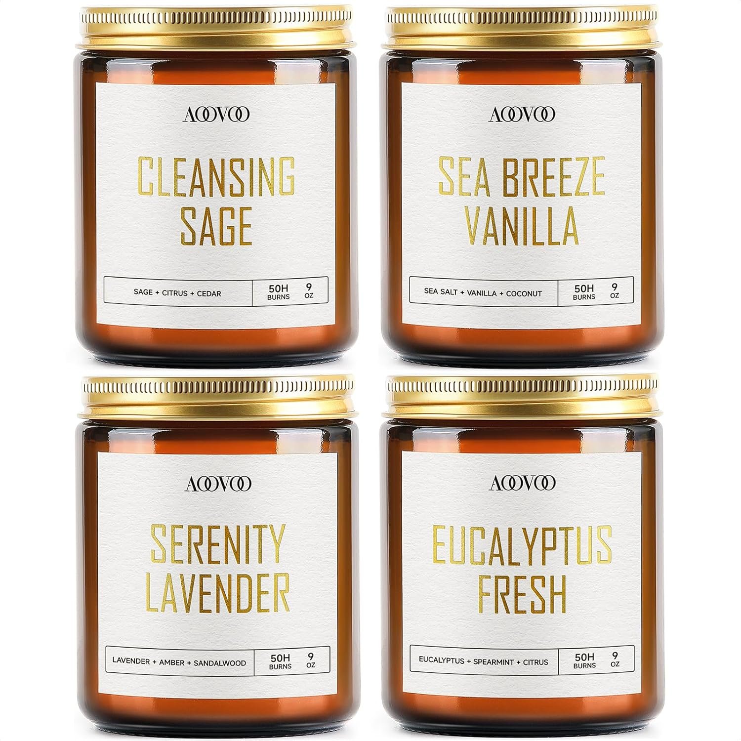 AOOVOO Scented Candles – 4PC Candle Set, 36 oz Soy Candles, Soy Candle for Home Scented, Lavender/Vanilla/Eucalyptus/Sage
