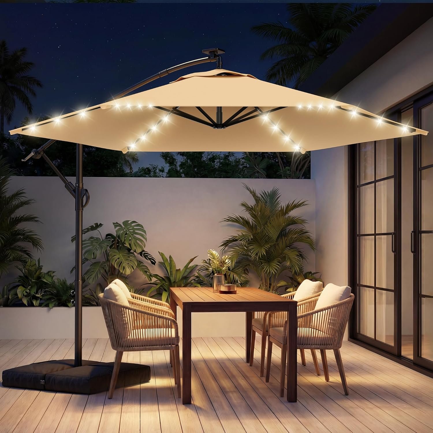 HOMSHADE 10FT Solar Offset Patio Umbrella with Base Included, 5-Year Fade-Resistant Canopy, 45° Easy Tilt Crank, 30MPH Wind-Resistant, Cantilever Hanging Umbrellas for Pool, Deck, Patio (Beige)