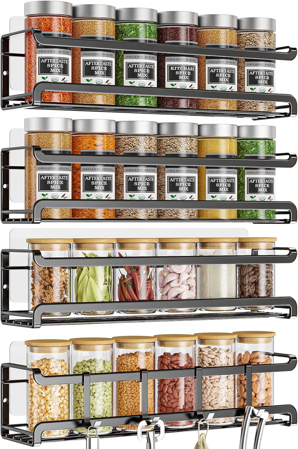 Bunoxea Spice Rack Wall Mounted 4 Pack, Black,For Spice Jars & Seasonings | 4 Removalble Hooks,Screw or Adhesive Hanging, Space-Saving,For Kitchen Cabinet, Pantry Door,Stove,RV Use,11.41×2.75×2.75in